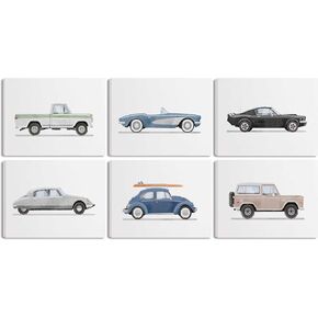 ZLYARTMP 6Pcs Nursery Car Wall Art Vintage Racecar Canvas Pictures Baby Room Supercars Wall Decor Kids Room Watercolor Car Paintings Prints Retro Vehicle Posters For Boys Bedroom Decor Unframed