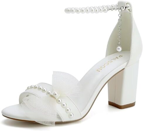 Block Heel Wedding Sandals Bridal Shoes Wedding Shoes for Bride Pearl Heels with Bow in Kuwait