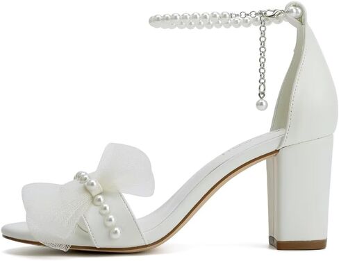 Block Heel Wedding Sandals Bridal Shoes Wedding Shoes for Bride Pearl Heels with Bow in Kuwait