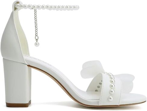 Block Heel Wedding Sandals Bridal Shoes Wedding Shoes for Bride Pearl Heels with Bow in Kuwait