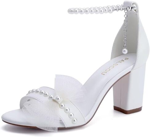 Block Heel Wedding Sandals Bridal Shoes Wedding Shoes for Bride Pearl Heels with Bow in Kuwait