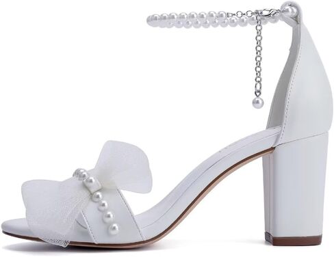 Block Heel Wedding Sandals Bridal Shoes Wedding Shoes for Bride Pearl Heels with Bow in Kuwait