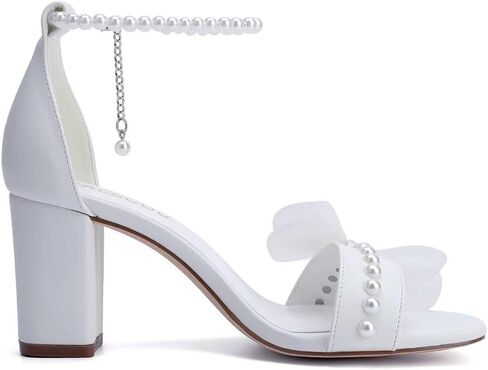 Block Heel Wedding Sandals Bridal Shoes Wedding Shoes for Bride Pearl Heels with Bow in Kuwait