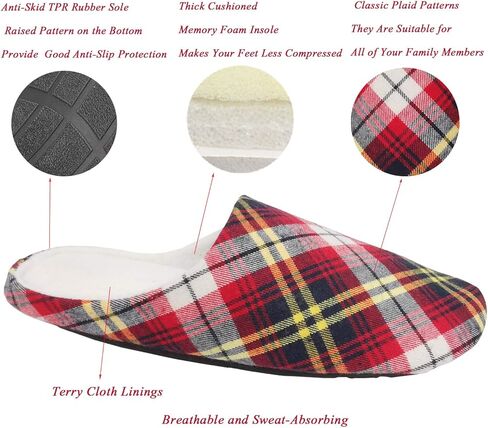 ofoot Mens & Womens Cotton Memory Foam House Slippers Bedroom Slip On Shoes Tartan Plaid Retro Style Anti Skid Rubber Outsole in Saudi Arabia