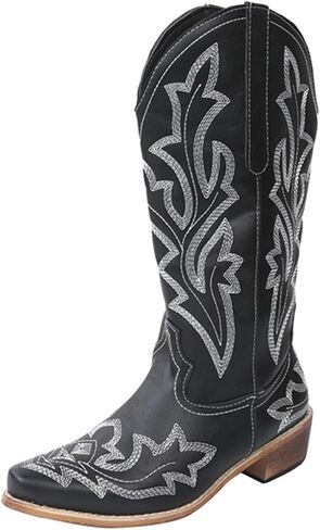 Uoqapre Western Cowgirl Cowboy Boots للنساء أو السيدات ، كعب مكتنز منتصف العجل في الكاحل المدببة الجوارب القصيرة in Kuwait