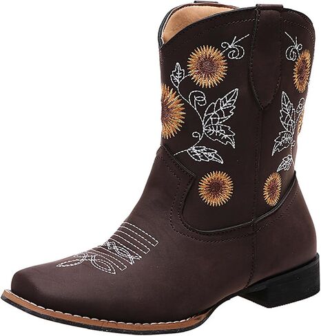 Uoqapre Western Cowgirl Cowboy Boots للنساء أو السيدات ، كعب مكتنز منتصف العجل في الكاحل المدببة الجوارب القصيرة in Kuwait