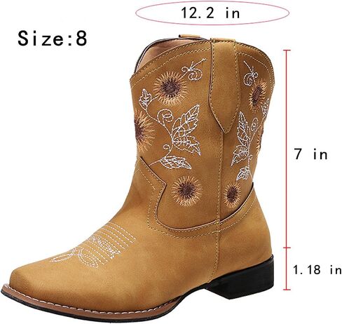Uoqapre Western Cowgirl Cowboy Boots للنساء أو السيدات ، كعب مكتنز منتصف العجل في الكاحل المدببة الجوارب القصيرة in Kuwait