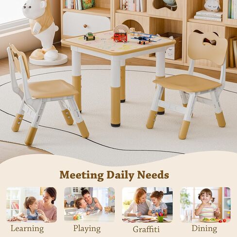 Kids Table and 2 Chair Set, Children Multi-Activity Table 3 in 1 Height-Adjustable Toddler Table and Chair Set, Graffiti Desktop, Daycare, Classroom, Playroom, Home, Beige in Saudi Arabia
