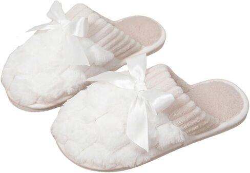 ديكور القوس Oyoangle Women Women Close Toe Slippers Slippers Flat Plush Home Slippers Indoor Bedroom Dark Comfy Slide Slippers in Kuwait