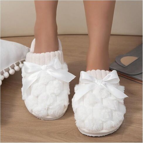 ديكور القوس Oyoangle Women Women Close Toe Slippers Slippers Flat Plush Home Slippers Indoor Bedroom Dark Comfy Slide Slippers in Kuwait