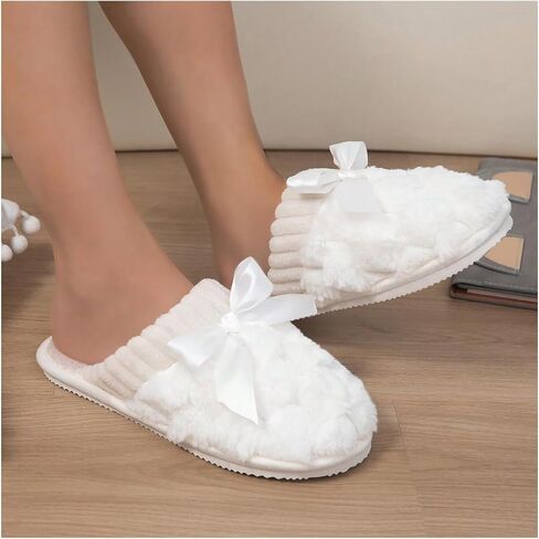 ديكور القوس Oyoangle Women Women Close Toe Slippers Slippers Flat Plush Home Slippers Indoor Bedroom Dark Comfy Slide Slippers in Kuwait