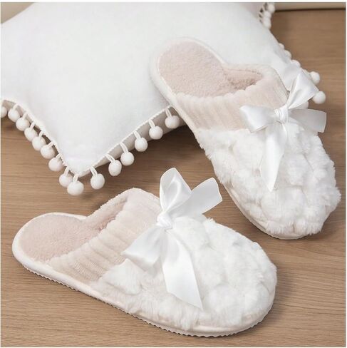 ديكور القوس Oyoangle Women Women Close Toe Slippers Slippers Flat Plush Home Slippers Indoor Bedroom Dark Comfy Slide Slippers in Kuwait
