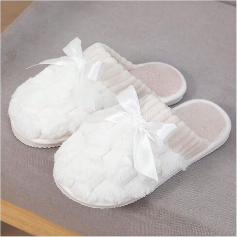 ديكور القوس Oyoangle Women Women Close Toe Slippers Slippers Flat Plush Home Slippers Indoor Bedroom Dark Comfy Slide Slippers in Kuwait