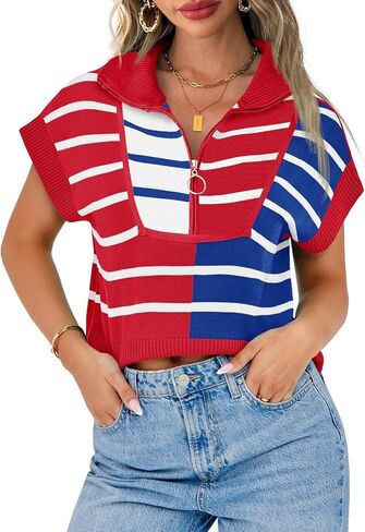 Saodimallsu Womens Quarter Zip Crop Tops Summer Striped Cap Sleeve Color Block V Neck Going Out Knit Trendy Sweater in Kuwait