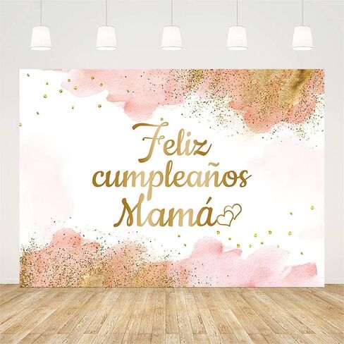 7x5ft Feliz Cumpleaños Mama Backdrop Mom Birthday Party Decorations Best Mom Ever Blush Pink Watercolor Clouds Gold Glitter Photography Background Carnival Bday Photo Shoot Studio Props in Kuwait