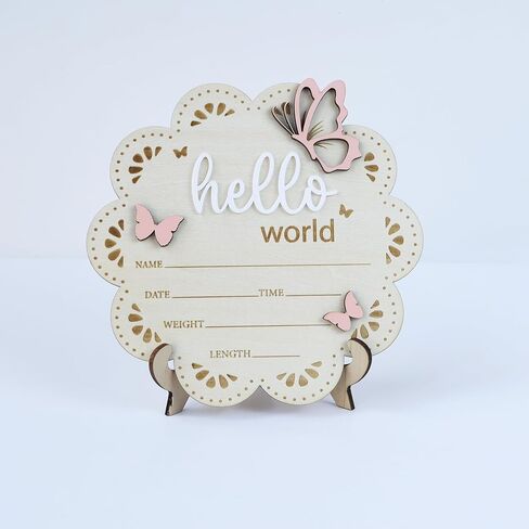Baby Announcement Sign Butterfly, 6.5 Inch Wooden Hello World Newborn Welcome Sign Birth Baby Name Plaques for Photo Props Baby Shower Hospital Nursery BABY3 in Saudi Arabia
