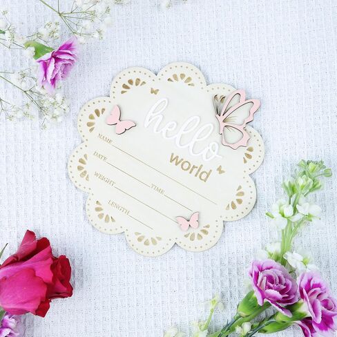 Baby Announcement Sign Butterfly, 6.5 Inch Wooden Hello World Newborn Welcome Sign Birth Baby Name Plaques for Photo Props Baby Shower Hospital Nursery BABY3 in Saudi Arabia