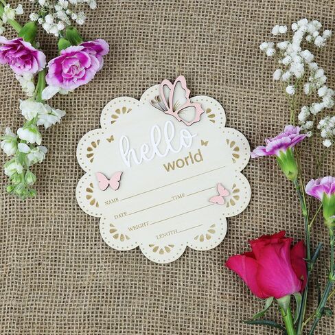 Baby Announcement Sign Butterfly, 6.5 Inch Wooden Hello World Newborn Welcome Sign Birth Baby Name Plaques for Photo Props Baby Shower Hospital Nursery BABY3 in Saudi Arabia