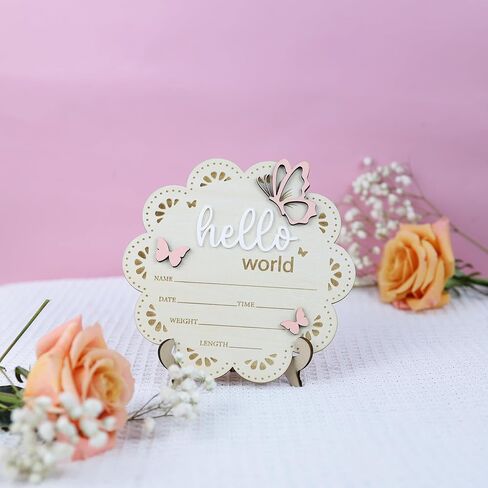 Baby Announcement Sign Butterfly, 6.5 Inch Wooden Hello World Newborn Welcome Sign Birth Baby Name Plaques for Photo Props Baby Shower Hospital Nursery BABY3 in Saudi Arabia