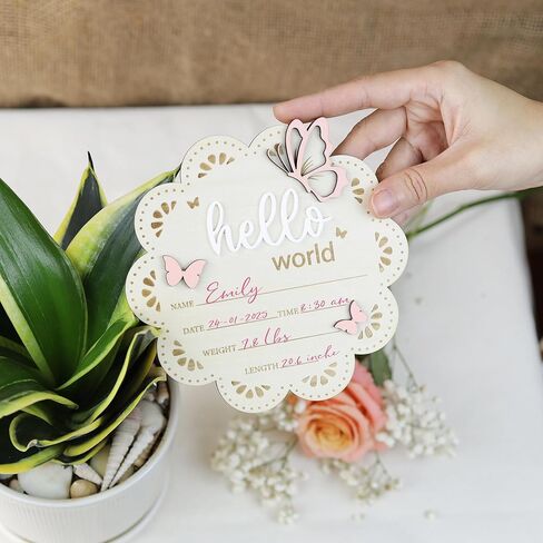 Baby Announcement Sign Butterfly, 6.5 Inch Wooden Hello World Newborn Welcome Sign Birth Baby Name Plaques for Photo Props Baby Shower Hospital Nursery BABY3 in Saudi Arabia