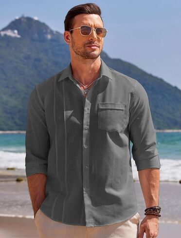 قمصان كتان للرجال من COOFANDY، قمصان Guayabera الكوبية، قمصان طويلة الأكمام، قمصان زفاف الشاطئ in Saudi Arabia