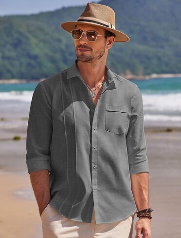 قمصان كتان للرجال من COOFANDY، قمصان Guayabera الكوبية، قمصان طويلة الأكمام، قمصان زفاف الشاطئ in Saudi Arabia