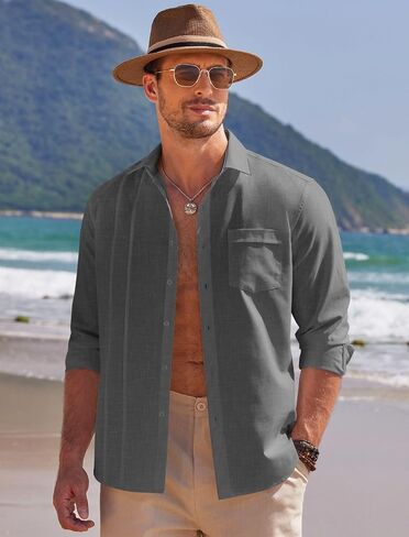 قمصان كتان للرجال من COOFANDY، قمصان Guayabera الكوبية، قمصان طويلة الأكمام، قمصان زفاف الشاطئ in Saudi Arabia