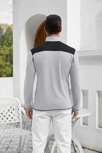 EDITCOZY Men's Zipper Polo Shirts with Pocket Casual Long Sleeve Color Block Collared Golf Shirts Top in Kuwait