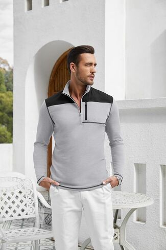 EDITCOZY Men's Zipper Polo Shirts with Pocket Casual Long Sleeve Color Block Collared Golf Shirts Top in Kuwait