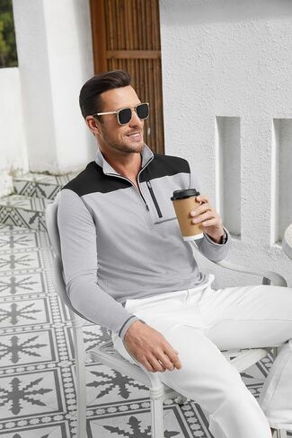 EDITCOZY Men's Zipper Polo Shirts with Pocket Casual Long Sleeve Color Block Collared Golf Shirts Top in Kuwait