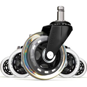 (Set of 5) Office Addiction - Office Chair Replacement Wheels - Hardwood Safe 3-Inch Heavy Duty Replacements - Ball Bearing Swivels - Floor Safe Design - Black/Clear