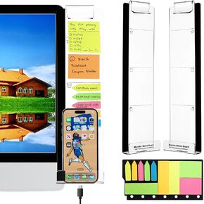 Barelove Computer Monitor Memo Boards, Set of 2 (Left & Right) Clear Multifunction Acrylic Screen Message Pad Side Panel Phone Holder, Utility Organizer for Office Desktop, with 1 Pack Sticky Notes
