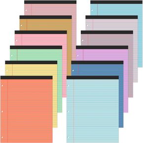 Fuutreo 12 Pcs 8.5'' x 11'' Colored Legal Pad Wide Ruled Loose Leaf Paper 3 Hole Punched Landscape Pads 50 Sheets Per Notepad Assorted Color Pastel Writing Pad Filler Paper for college(Vivid Color)