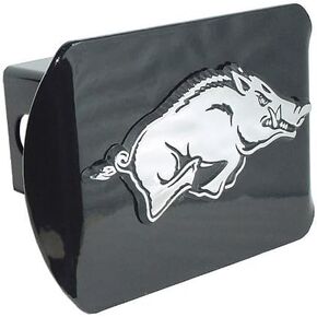 University of Arkansas Razorbacks "Black with Chrome Running Hog Emblem" NCAA College Sports Metal Trailer Hitch Cover Fits 2 Inch Auto Car Truck Receiver
