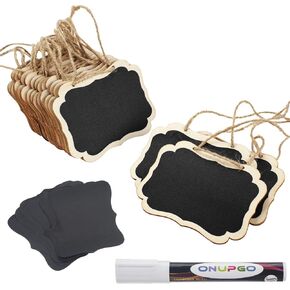 ONUPGO 16 Pack Chalkboard Tags with String, 4"x3" Hanging Chalkboard Signs with Liquid Chalk Marker, Wooden Mini Blackboard Tags Massage Board Tags, Hanging Chalkboard Price Tags