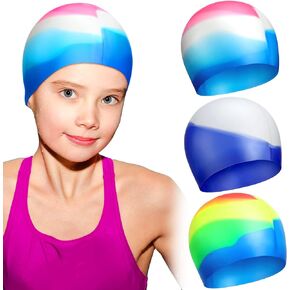 3 Pcs Swim Cap Kids Waterproof Silicone Swimming Caps for Girls Boys Aged 2-10 Pool Swim Hat for Toddler Children