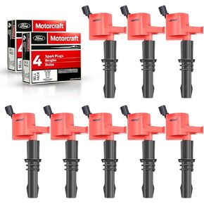 MAS Set of 8 Red Ignition Coils Pack DG511 & Motorcraft SP515 SP546 Spark Plug Compatible with Ford Expedition F150 F250 Lincoln Mark LT Navigator Replacement for 3L3E12A366CA 5C1584 C1541 FD508 DG511