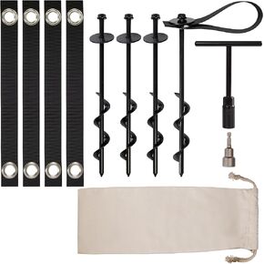 VASGOR 12" Trampolines Wind Stakes Black Powder Coated with 4 Straps - Heavy Duty Ground Anchors for Camping Tent - Garden Staples – Trampoline Anchor (4 PCS)