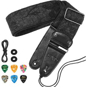 LEKATO Guitar Strap, Anaglyph Embossed Floral Pattern Guitar Straps for Electric Bass Acoustic Guitar 2.5″ Wide Bass Strap Padded Guitar Straps with Picks & Locks, Cable Fixing, Black