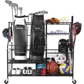 Sports Equipment Organizer, Sports Storage for Garage, Golf Bag Storage Rack, Golf Organizer Stand for Golf Club, Ball Storage Cart with Wheel for Garage, Gym, Shed, Outdoor