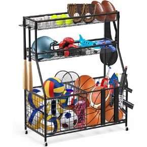 Uboway Garage Organizers and Storage: Sports Equipment Organizer for Ball Storage, Garage Organization with Basket and Hooks, Indoor or Outdoor Gear Storage for Nerf Gun Storage, Sports and Toys