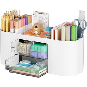 Marbrasse Desk Organizer Pen Holder for Desk with 3 Drawers, Multi-Functional Pencil Holder, Desk Organizers and Accessories with 7 Compartments + Drawer for Home, School, Classroom(Blue)