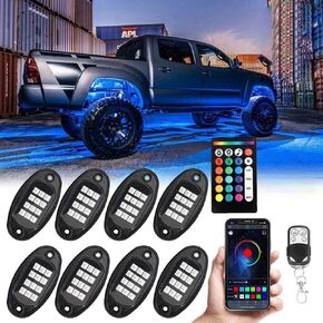 8Pods RGB LED Rock Lights with APP/Remote Control, 12V Multicolor Brake Lights Underglow Light Kit Neon Wheel Well Light Waterproof for Off Road Trucks SUV ATV UTV Cart