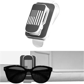 Kewucn Sunglasses Holder for Car Sun Visor, US Flag Style Metal Auto Visor Eyeglass Hanger, Multi-Function Sun Visor Ticket Card Clip, Truck Car Accessories for Men Women (Black+Black, Flag)