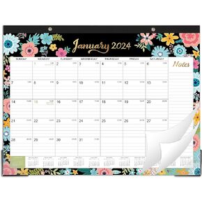 2024 Desk Calendar - Large Desk Calendar 2024, Jan. 2024 - Dec. 2024, 22" x 17", Thick Paper with 12 Months, Corner Protectors, Large Ruled Blocks & 2 Hanging Hooks - Black Floral