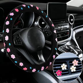 Frienda Cute Steering Wheel Cover Flower Steering Wheel Cover Floral Steering Wheel Cover for Girls with 4 Pieces Cute Flowers Car Air Vent Clips for Women Girls Car Decorations(Vivid Pattern)