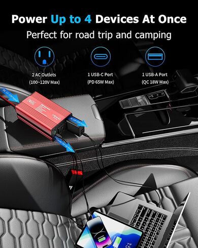 FOVAL 400W Power Inverter 12V DC to 110V AC Car Plug Adapter Outlet Converter with [65W PD USB-C] & [18W QC USB-A] Fast Charging Ports and 2 AC Outlets Car Power Inverters for Vehicles in Kuwait