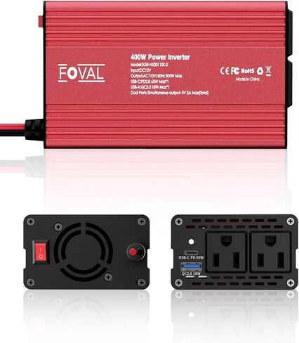 FOVAL 400W Power Inverter 12V DC to 110V AC Car Plug Adapter Outlet Converter with [65W PD USB-C] & [18W QC USB-A] Fast Charging Ports and 2 AC Outlets Car Power Inverters for Vehicles in Kuwait