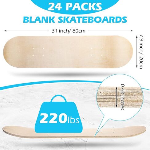 24 Pack Blank Skateboard Decks Maple Kids Skateboard Deck Bulk 7.9 x 31 Inch Natural 7 Layer Wooden Double Tail Plain Skate Decks for Replacement Art Painting Home Decor in Saudi Arabia