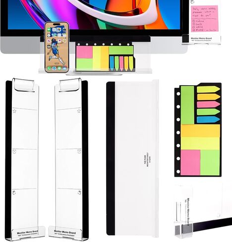 Barelove Computer Monitor Memo Boards, Set of 2 (Left & Right) Clear Multifunction Acrylic Screen Message Pad Side Panel Phone Holder, Utility Organizer for Office Desktop, with 1 Pack Sticky Notes in Saudi Arabia